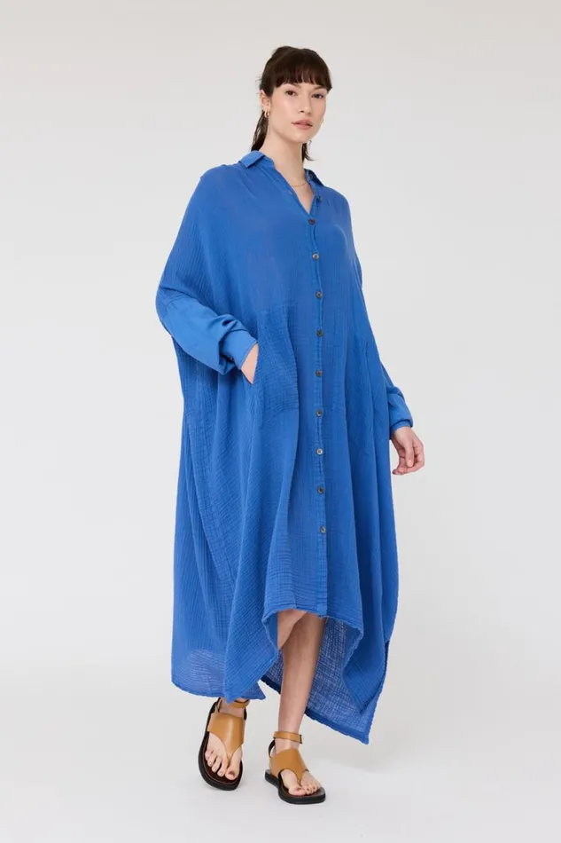 Raquel Allegra Gauze Dusty Blue Caftan Dress Women Dresses