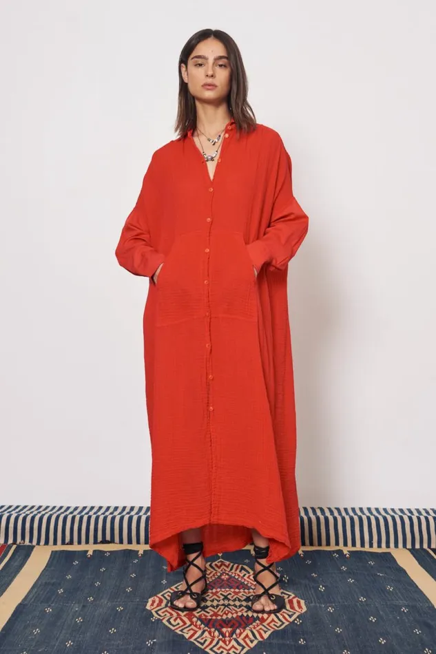 Raquel Allegra Gauze Red Caftan Shirt Dress Women Dresses