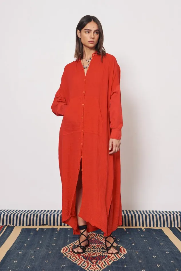 Raquel Allegra Gauze Red Caftan Shirt Dress Women Dresses