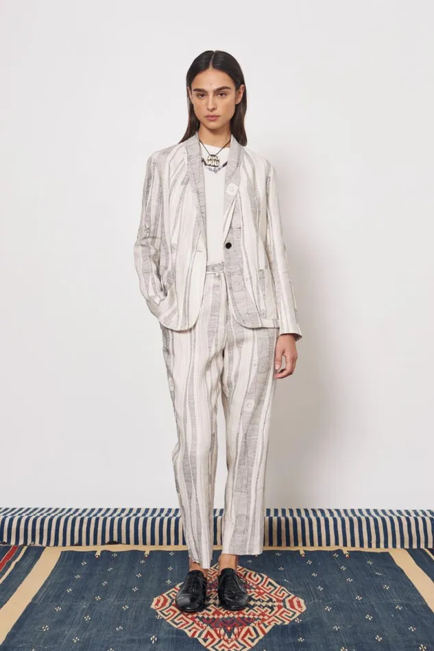 Raquel Allegra Silk Linen Dirty White Black Print Jai Jacket Women Jackets