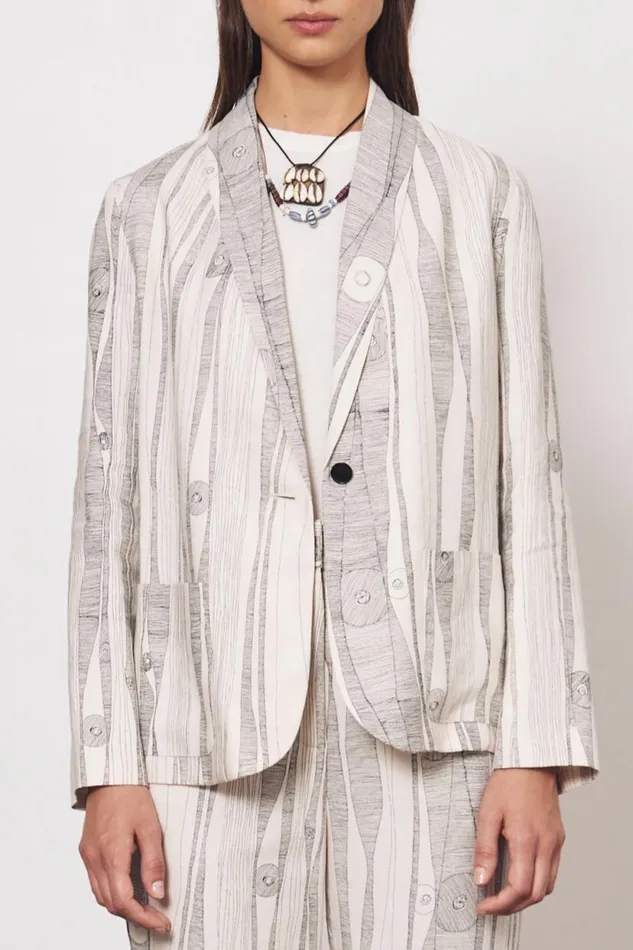 Raquel Allegra Silk Linen Dirty White Black Print Jai Jacket Women Jackets