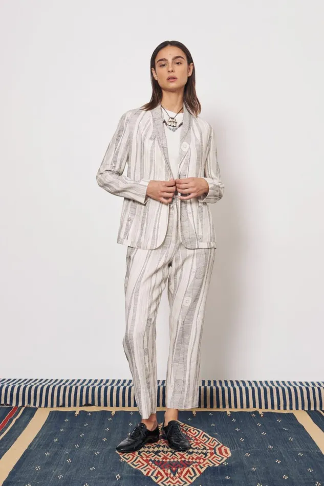 Raquel Allegra Silk Linen Dirty White Black Print Jai Jacket Women Jackets