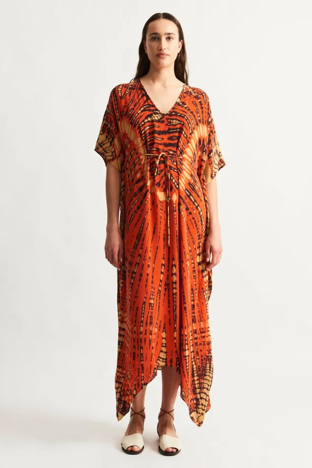 Raquel Allegra Tomato And Navy Kigali Silk Caftan Women Dresses