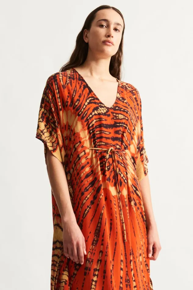 Raquel Allegra Tomato And Navy Kigali Silk Caftan Women Dresses