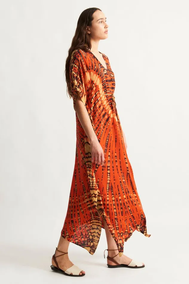 Raquel Allegra Tomato And Navy Kigali Silk Caftan Women Dresses