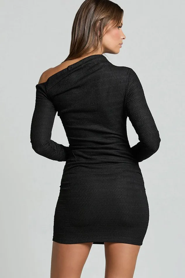 Raquel Mini Dress 8211 One Shoulder Long Sleeve Ruched Dress In Black Women Showpo Curve Clothes