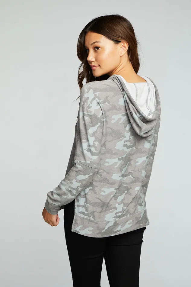 Recycled Cozy Knit Pintuck Hoodie Pullover With Side Slits Womens Outerwear Chaser Brand