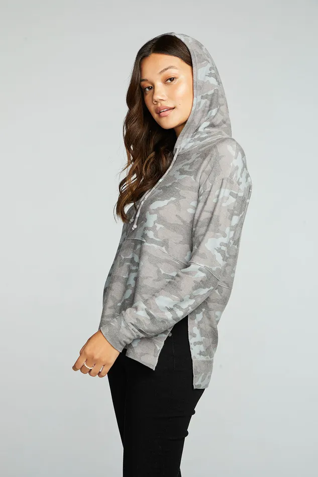 Recycled Cozy Knit Pintuck Hoodie Pullover With Side Slits Womens Outerwear Chaser Brand