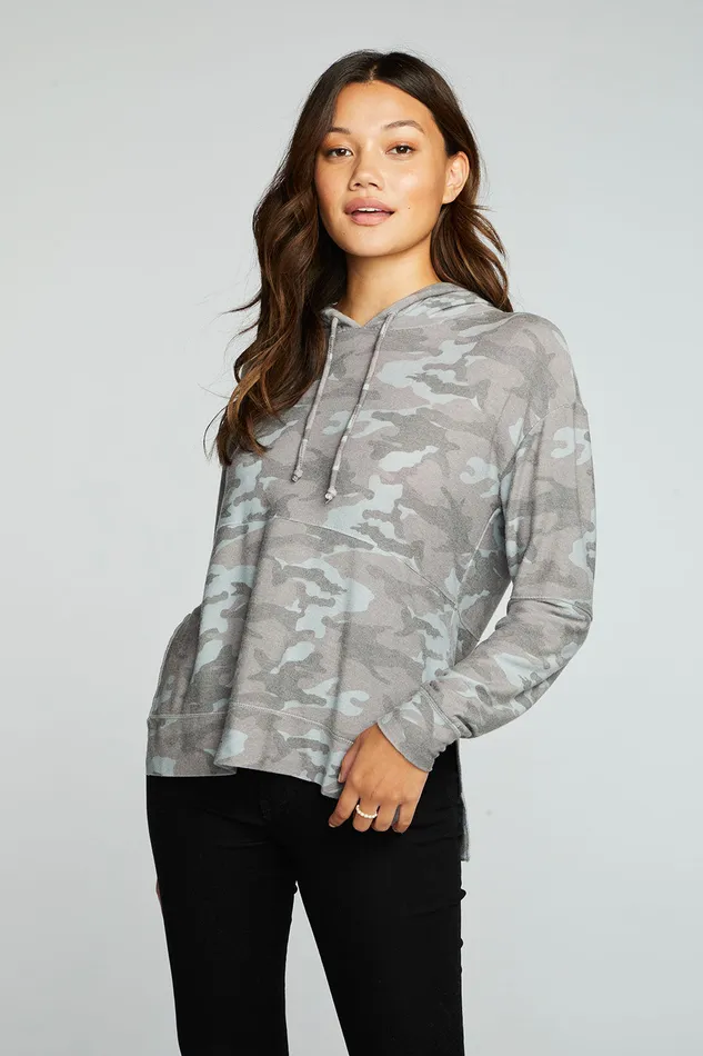 Recycled Cozy Knit Pintuck Hoodie Pullover With Side Slits Womens Outerwear Chaser Brand