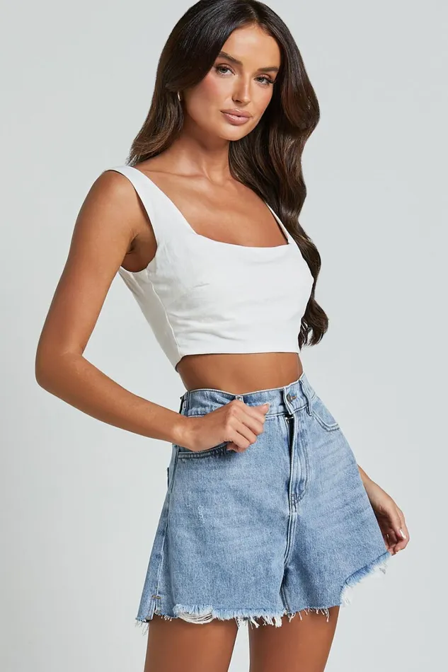 Renee Shorts 8211 High Waisted Frayed Hem Denim Shorts In Light Blue Wash Women Showpo Conscious