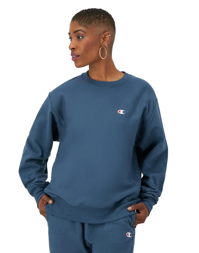 Reverse Weave Oversized Crewneck Sweatshirt C Logo Metallic Teal Women Champion Hoodies and Sweatshirts Reverse Weave Oversized Crewneck Sweatshirt C Logo Metallic Teal Women Champion Hoodies and Sweatshirts