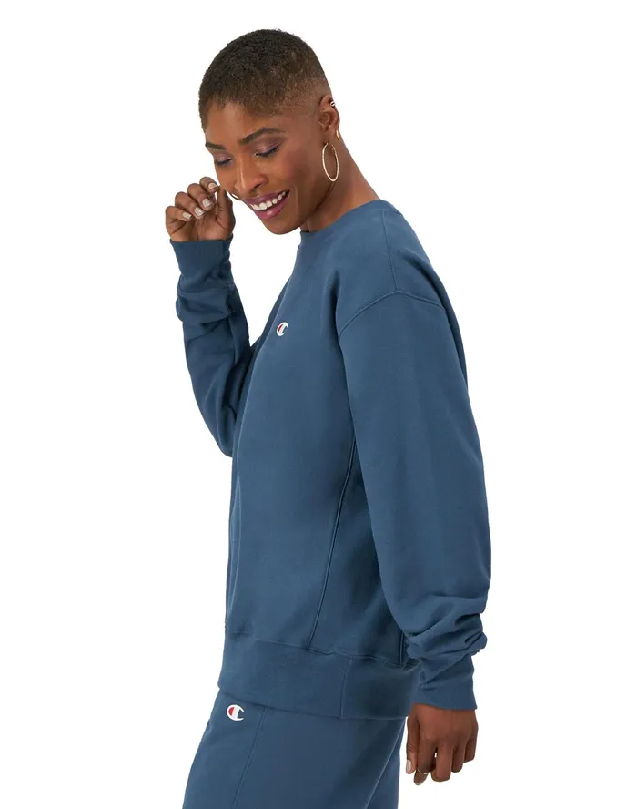 Reverse Weave Oversized Crewneck Sweatshirt C Logo Metallic Teal Women Champion Hoodies and Sweatshirts