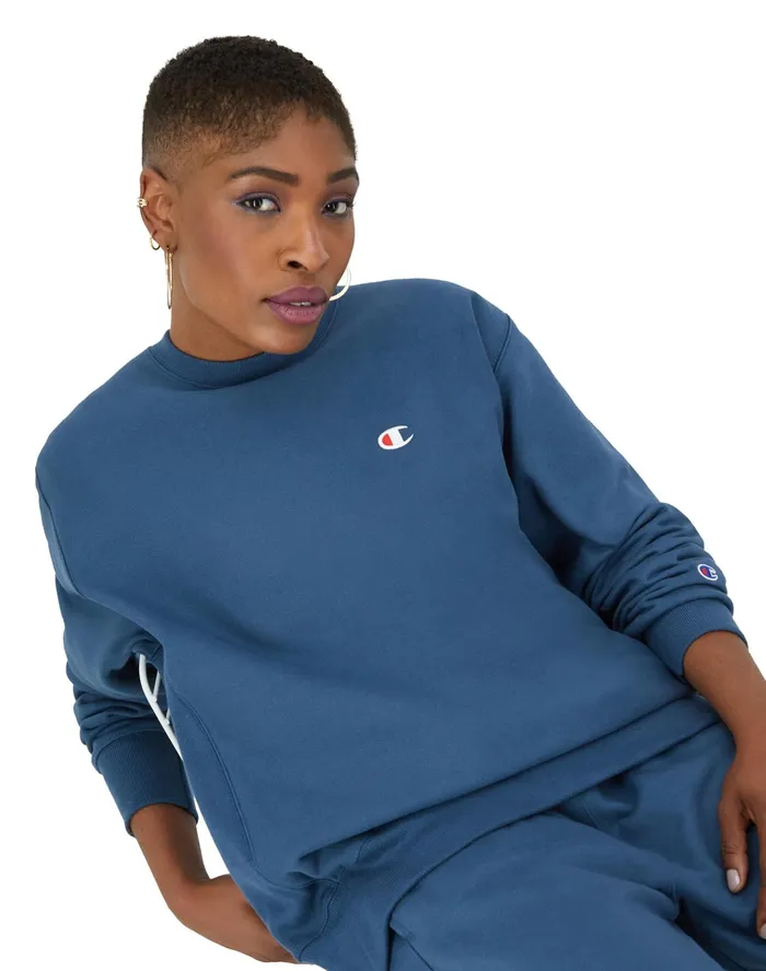 Reverse Weave Oversized Crewneck Sweatshirt C Logo Metallic Teal Women Champion Hoodies and Sweatshirts