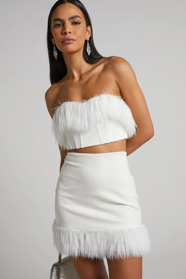 Rhaiza Mini Skirt 8211 Faux Feather Trim High Waisted Skirt In White Women Showpo Curve Clothes Rhaiza Mini Skirt 8211 Faux Feather Trim High Waisted Skirt In White Women Showpo Curve Clothes