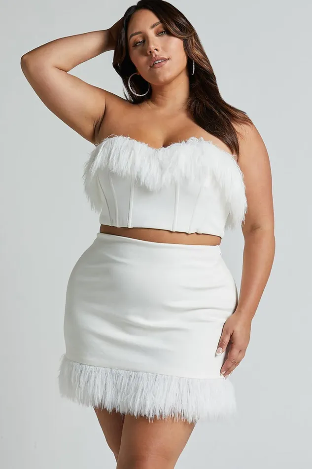 Rhaiza Mini Skirt 8211 Faux Feather Trim High Waisted Skirt In White Women Showpo Curve Clothes