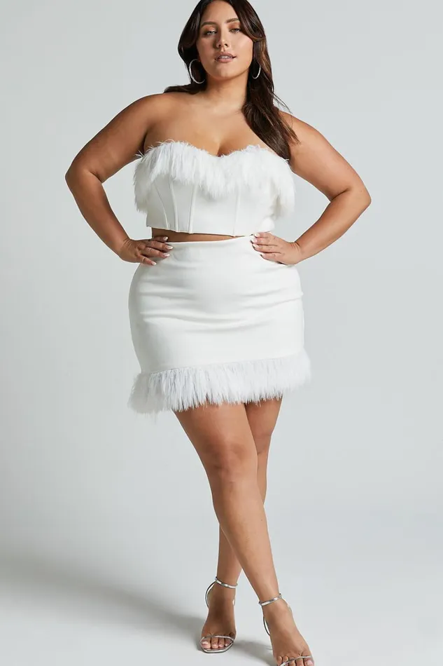 Rhaiza Mini Skirt 8211 Faux Feather Trim High Waisted Skirt In White Women Showpo Curve Clothes