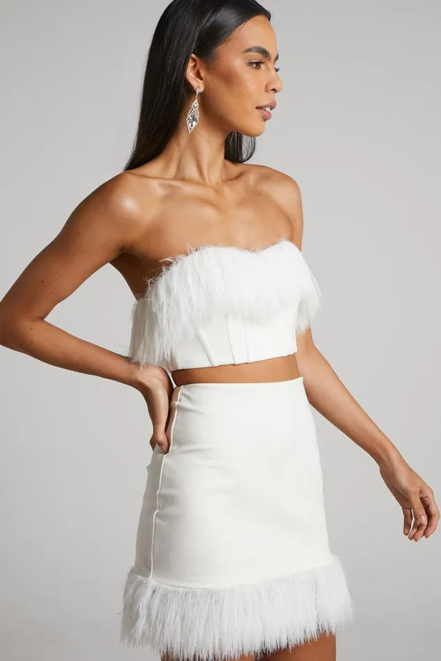 Rhaiza Mini Skirt 8211 Faux Feather Trim High Waisted Skirt In White Women Showpo Curve Clothes