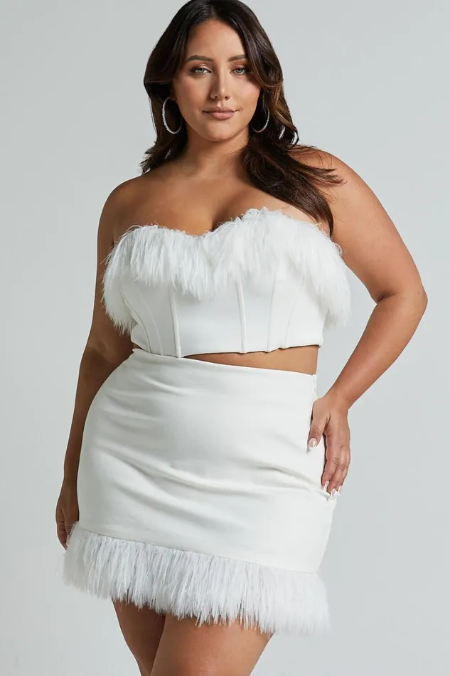 Rhaiza Mini Skirt 8211 Faux Feather Trim High Waisted Skirt In White Women Showpo Curve Clothes