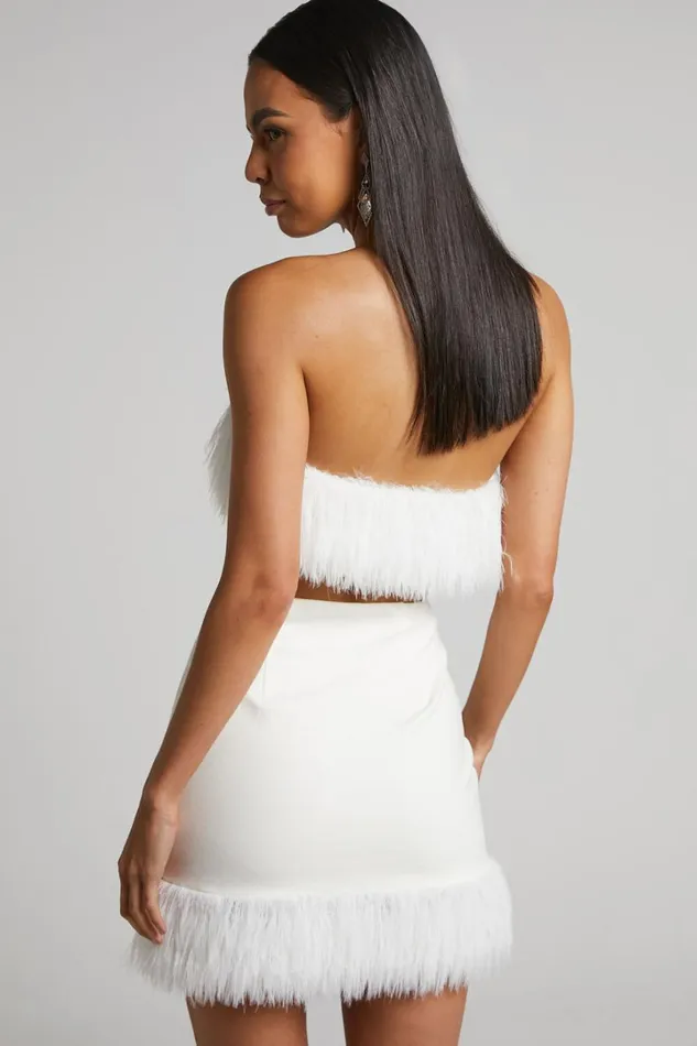 Rhaiza Mini Skirt 8211 Faux Feather Trim High Waisted Skirt In White Women Showpo Curve Clothes