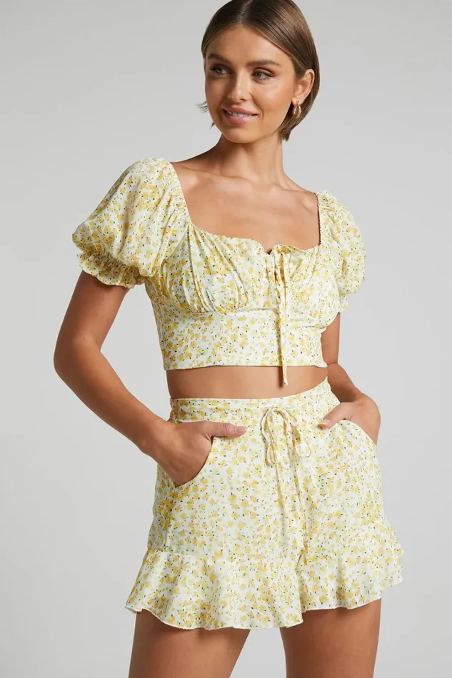 Rhenzy Shorts 8211 Frill Hem Shorts In Sunshine Ditzy Women Showpo Shorts