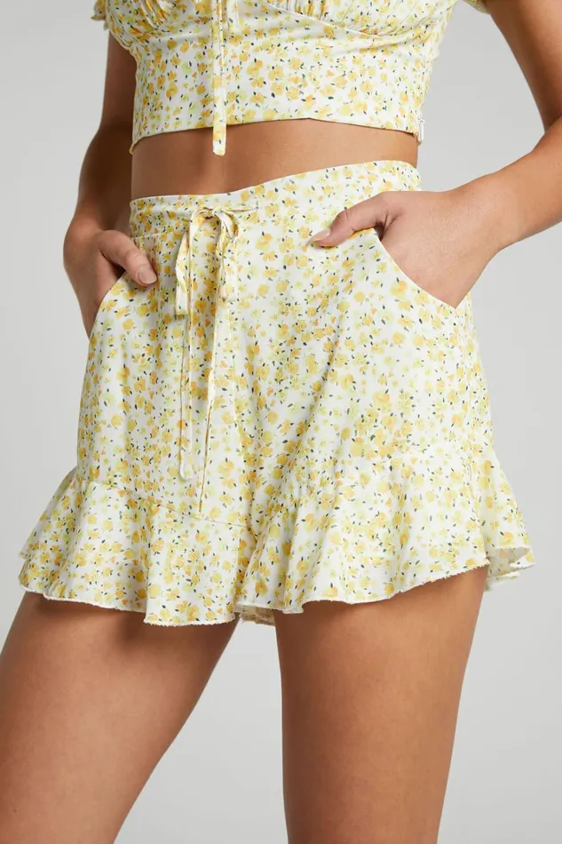 Rhenzy Shorts 8211 Frill Hem Shorts In Sunshine Ditzy Women Showpo Shorts
