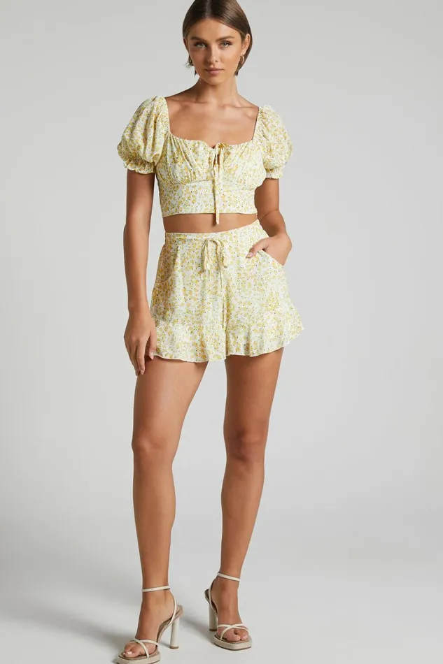 Rhenzy Shorts 8211 Frill Hem Shorts In Sunshine Ditzy Women Showpo Shorts