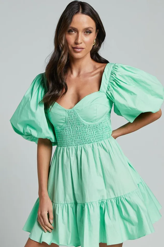 Rhiza Mini Dress 8211 Sweetheart Puff Sleeve Flare Dress In Mint Women Showpo Dresses