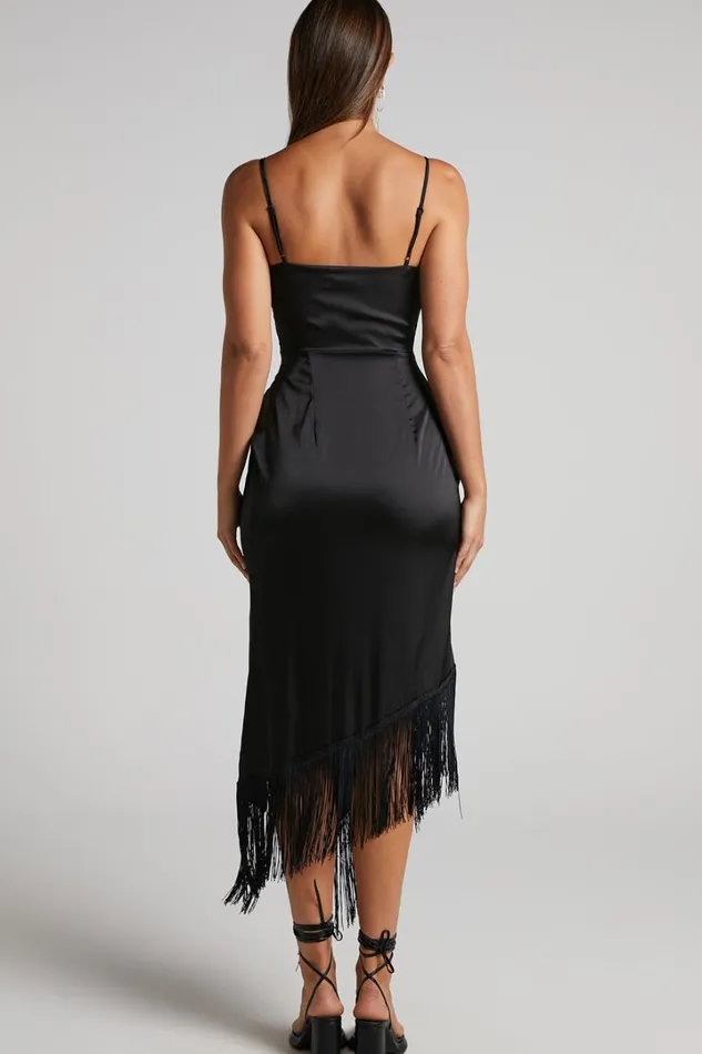 Rholie Midi Dress 8211 Plunge Neck Fringe Hem Fixed Wrap Dress In Black Women Showpo Dresses