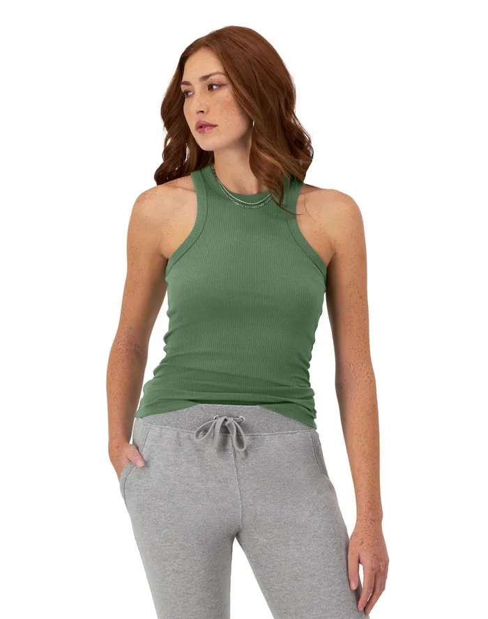 Ribbed Tank Top High Neck C Logo Nurture Green Women Champion TShirts and Tops