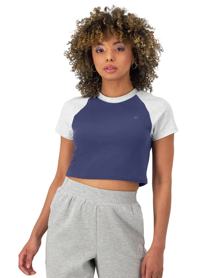 Ringer TShirt Cropped Colorblocked C Logo Blown Glass Bluesilver Grey Women Champion TShirts and Tops Ringer TShirt Cropped Colorblocked C Logo Blown Glass Bluesilver Grey Women Champion TShirts and Tops