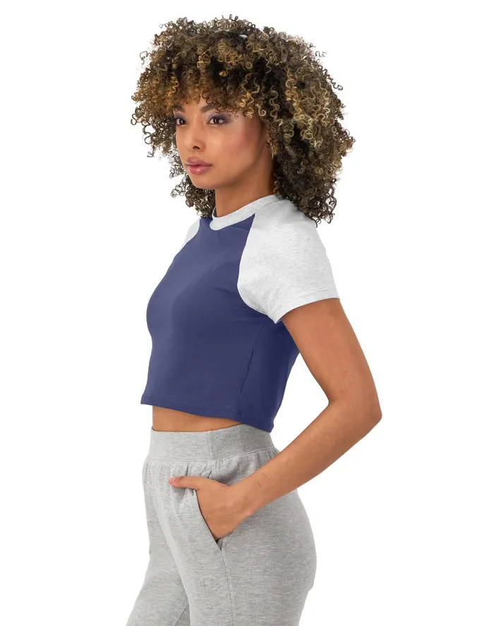 Ringer TShirt Cropped Colorblocked C Logo Blown Glass Bluesilver Grey Women Champion TShirts and Tops