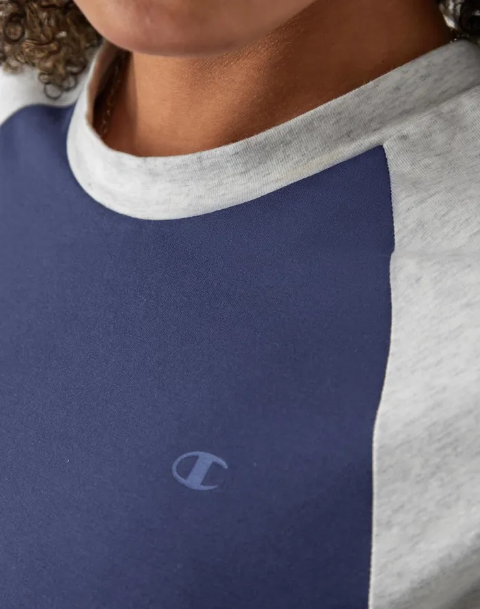 Ringer TShirt Cropped Colorblocked C Logo Blown Glass Bluesilver Grey Women Champion TShirts and Tops