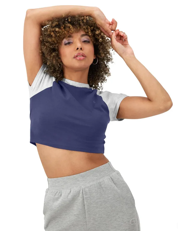 Ringer TShirt Cropped Colorblocked C Logo Blown Glass Bluesilver Grey Women Champion TShirts and Tops