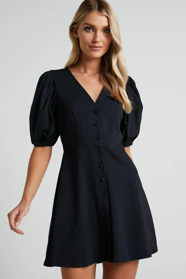 Rochelle Mini Dress 8211 V Neck Button Through Dress In Black Women Showpo Basics