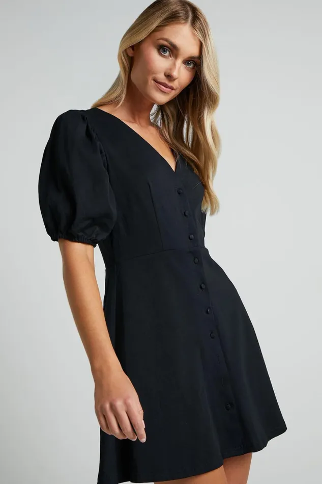 Rochelle Mini Dress 8211 V Neck Button Through Dress In Black Women Showpo Basics