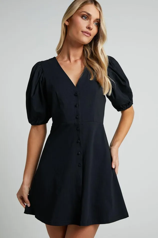 Rochelle Mini Dress 8211 V Neck Button Through Dress In Black Women Showpo Basics