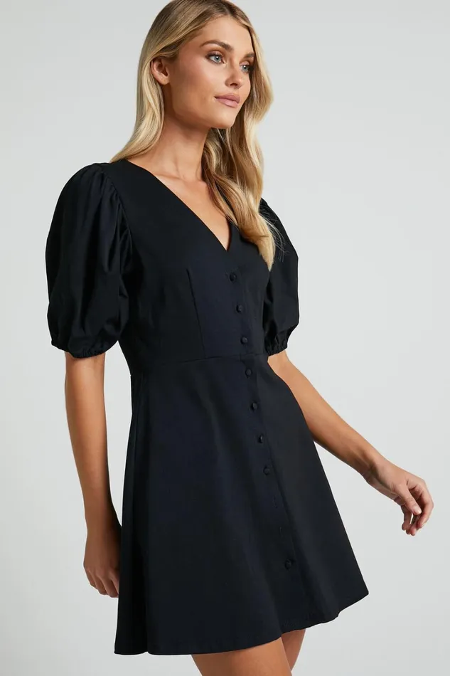 Rochelle Mini Dress 8211 V Neck Button Through Dress In Black Women Showpo Basics