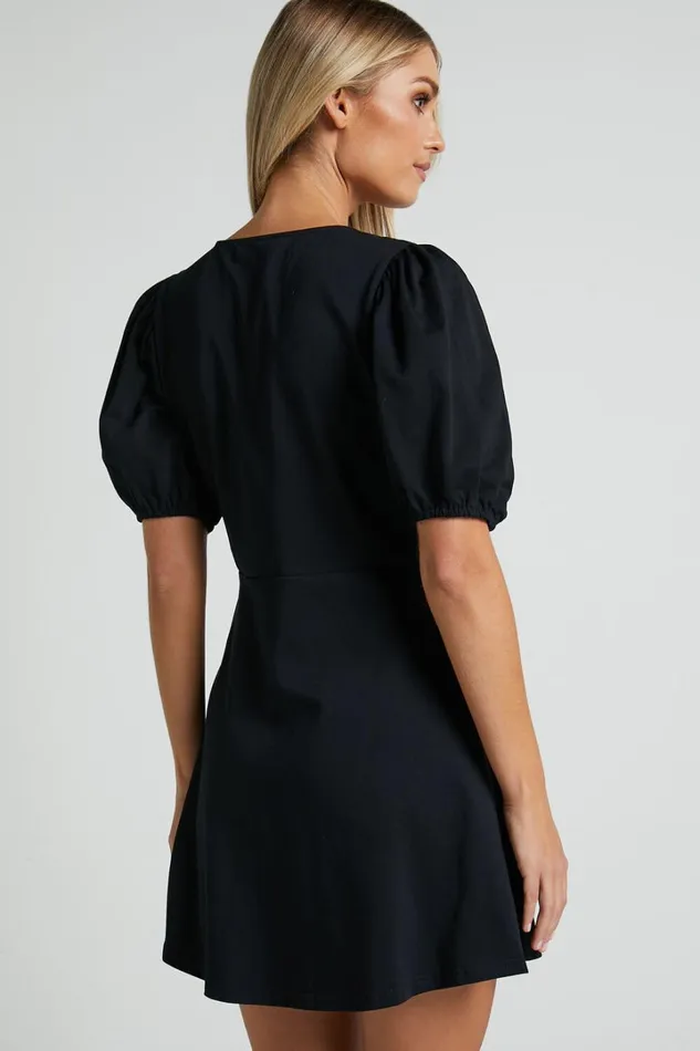 Rochelle Mini Dress 8211 V Neck Button Through Dress In Black Women Showpo Basics