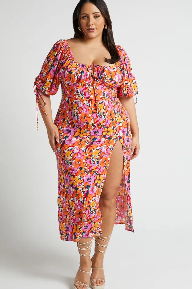 Rosario Midi Dress 8211 Ruched Bust Puff Sleeve Dress In Spring Floral Women Showpo Curve Clothes