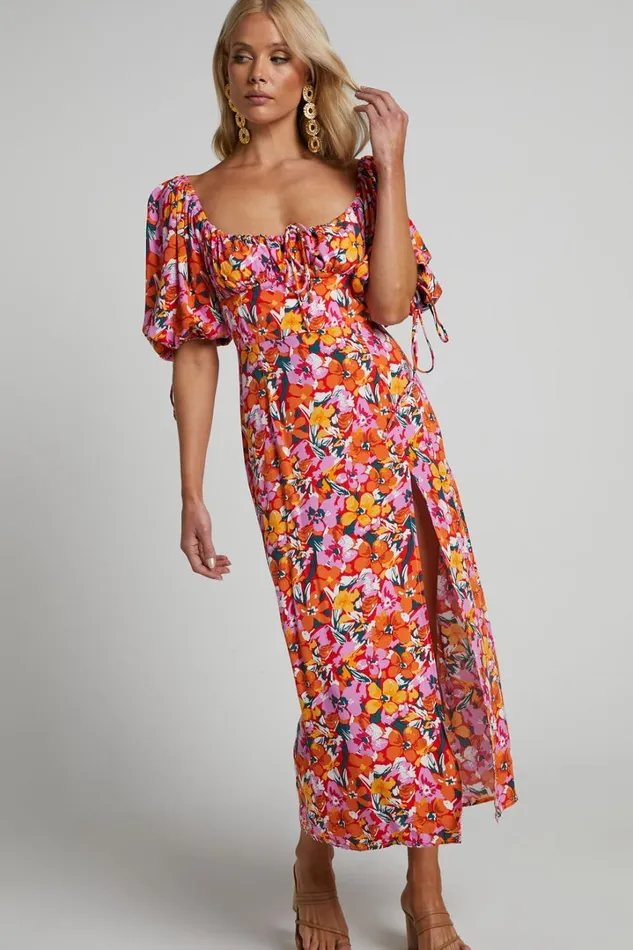 Rosario Midi Dress 8211 Ruched Bust Puff Sleeve Dress In Spring Floral Women Showpo Curve Clothes
