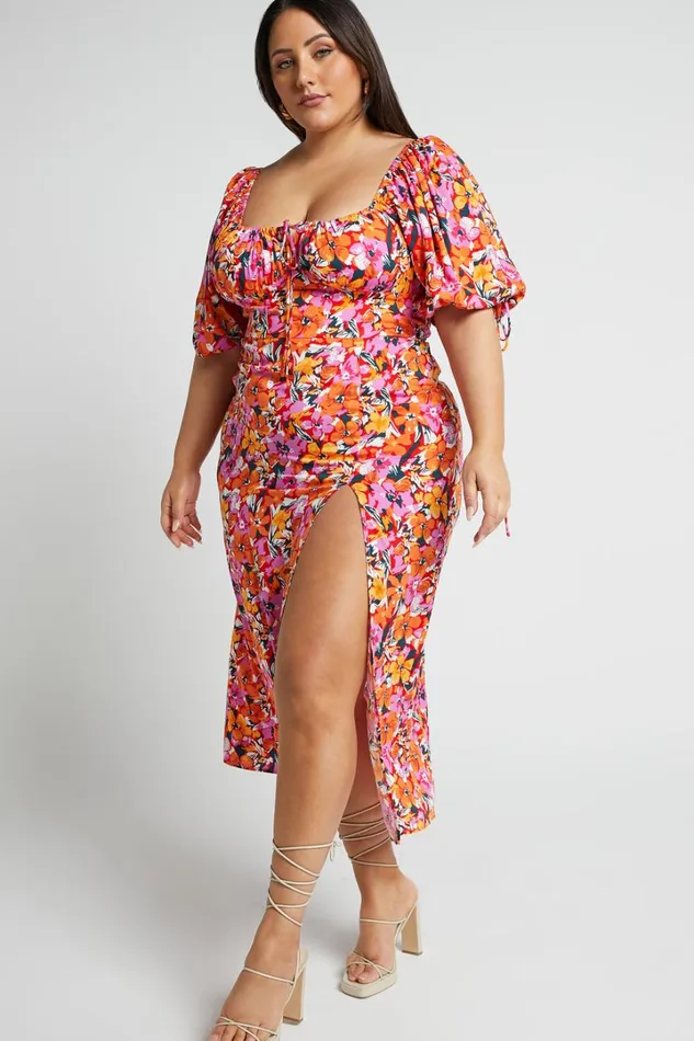 Rosario Midi Dress 8211 Ruched Bust Puff Sleeve Dress In Spring Floral Women Showpo Curve Clothes