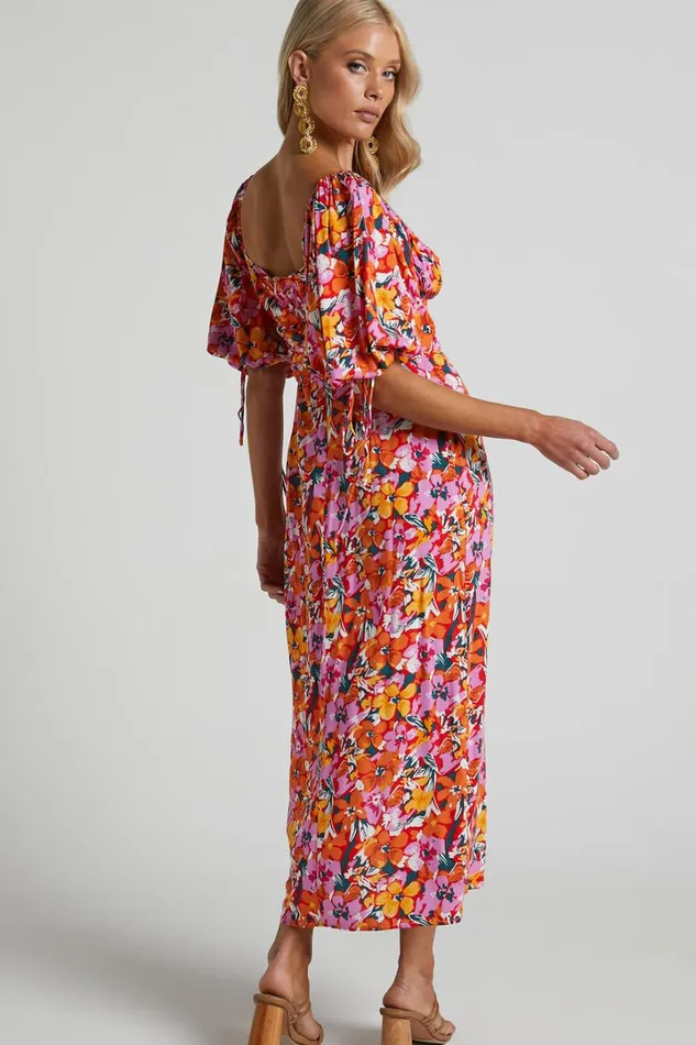 Rosario Midi Dress 8211 Ruched Bust Puff Sleeve Dress In Spring Floral Women Showpo Curve Clothes