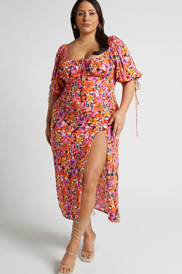 Rosario Midi Dress 8211 Ruched Bust Puff Sleeve Dress In Spring Floral Women Showpo Curve Clothes