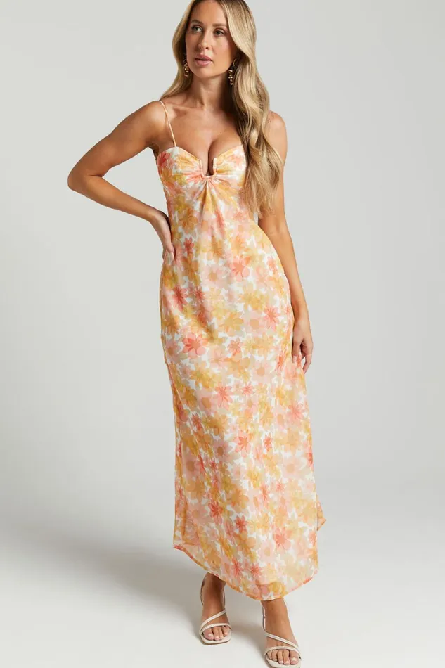 Rosiemar Midi Dress 8211 Cut Out Front Sleeveless Dress In Lemon Floral Women Showpo Dresses