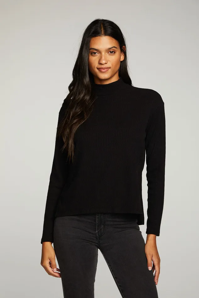 Rpet Love Rib Mock Neck Side Slit Long Sleeve Hi Lo Pullover Womens Tops Chaser Brand