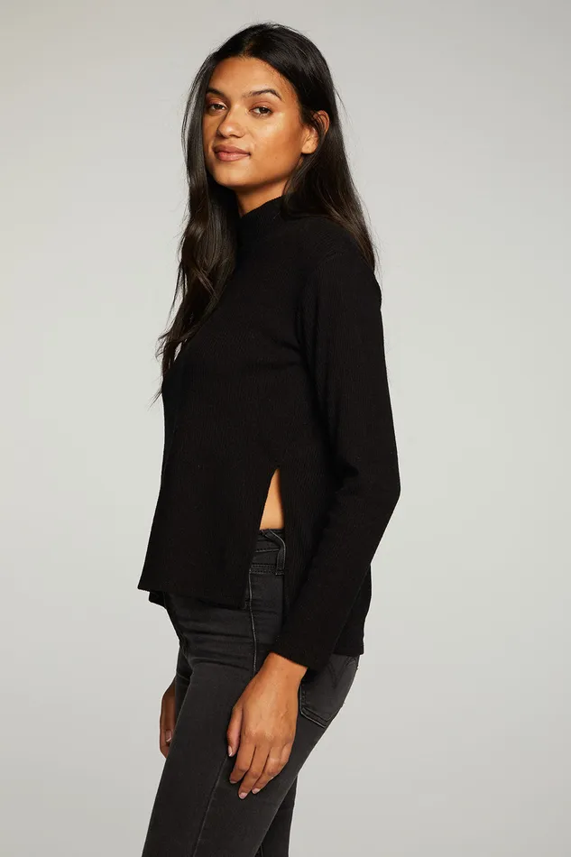 Rpet Love Rib Mock Neck Side Slit Long Sleeve Hi Lo Pullover Womens Tops Chaser Brand