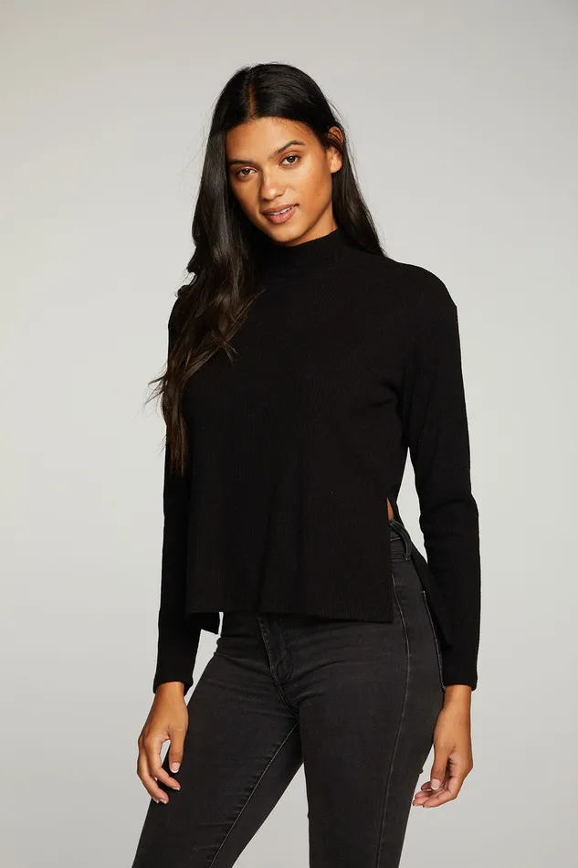 Rpet Love Rib Mock Neck Side Slit Long Sleeve Hi Lo Pullover Womens Tops Chaser Brand