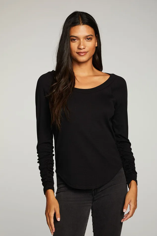 rPET Vintage Rib Shirred Long Sleeve Scoop Neck Shirttail Tee Womens Tops Chaser Brand