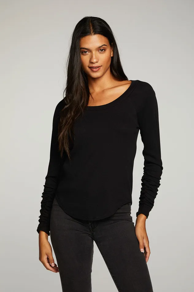 rPET Vintage Rib Shirred Long Sleeve Scoop Neck Shirttail Tee Womens Tops Chaser Brand
