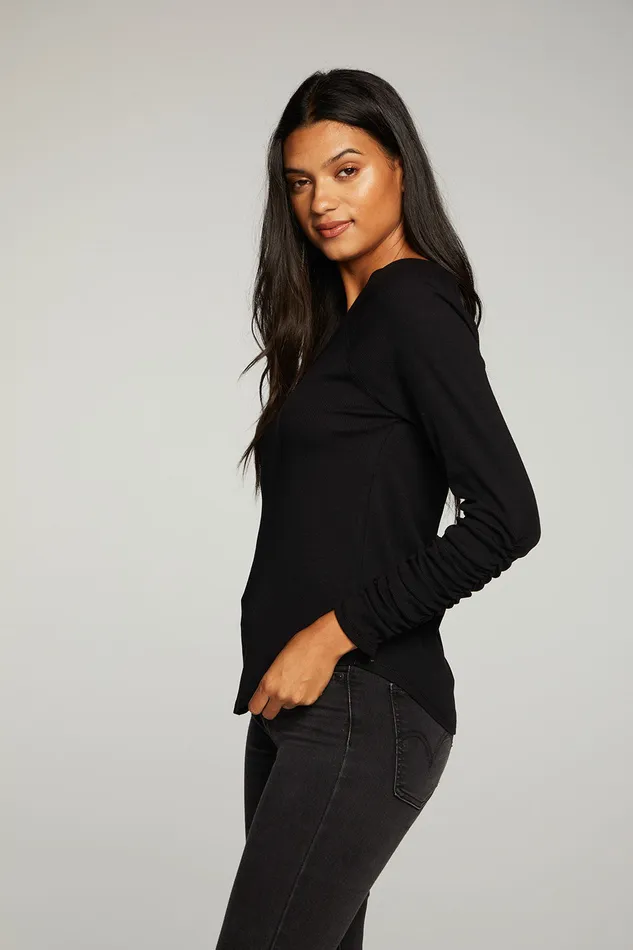 rPET Vintage Rib Shirred Long Sleeve Scoop Neck Shirttail Tee Womens Tops Chaser Brand